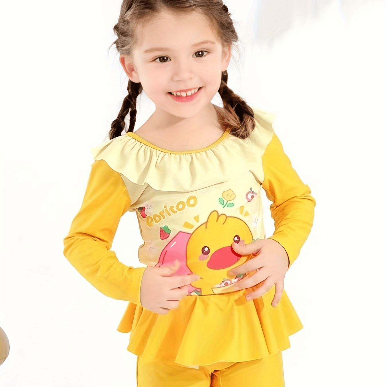 Girls' Duck Graphic Swimsuit Long Sleeve Crew Neck Beachwear For Kids