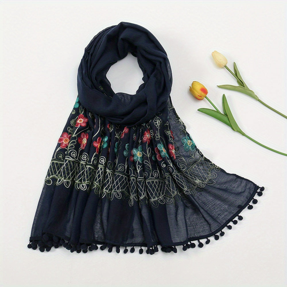 Vintage Flower Embroidery Scarf Boho Tassel Shawl Classic Head Wraps Women Hijab