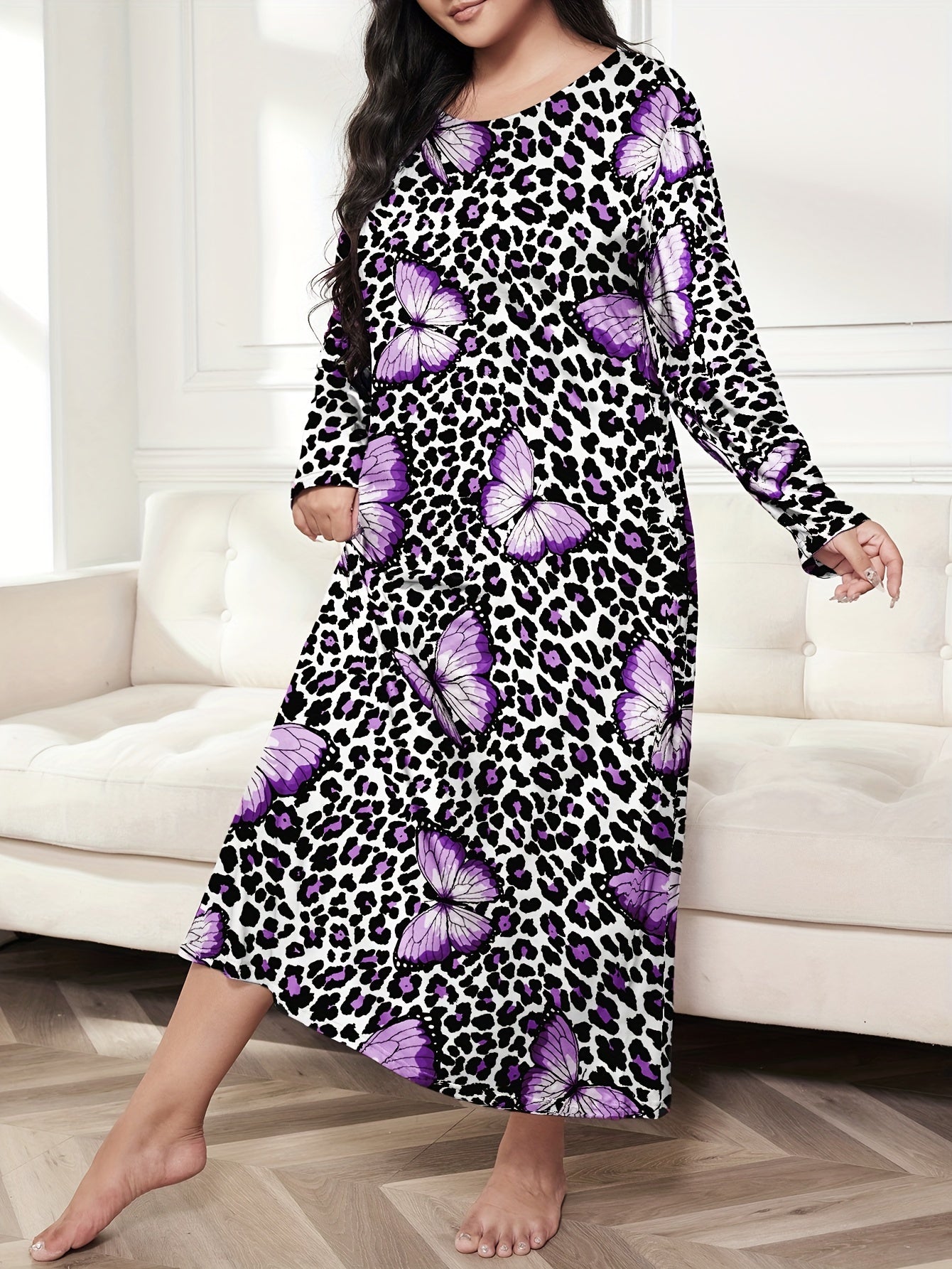  Leopard & Butterfly Print Long Sleeve Nightdress