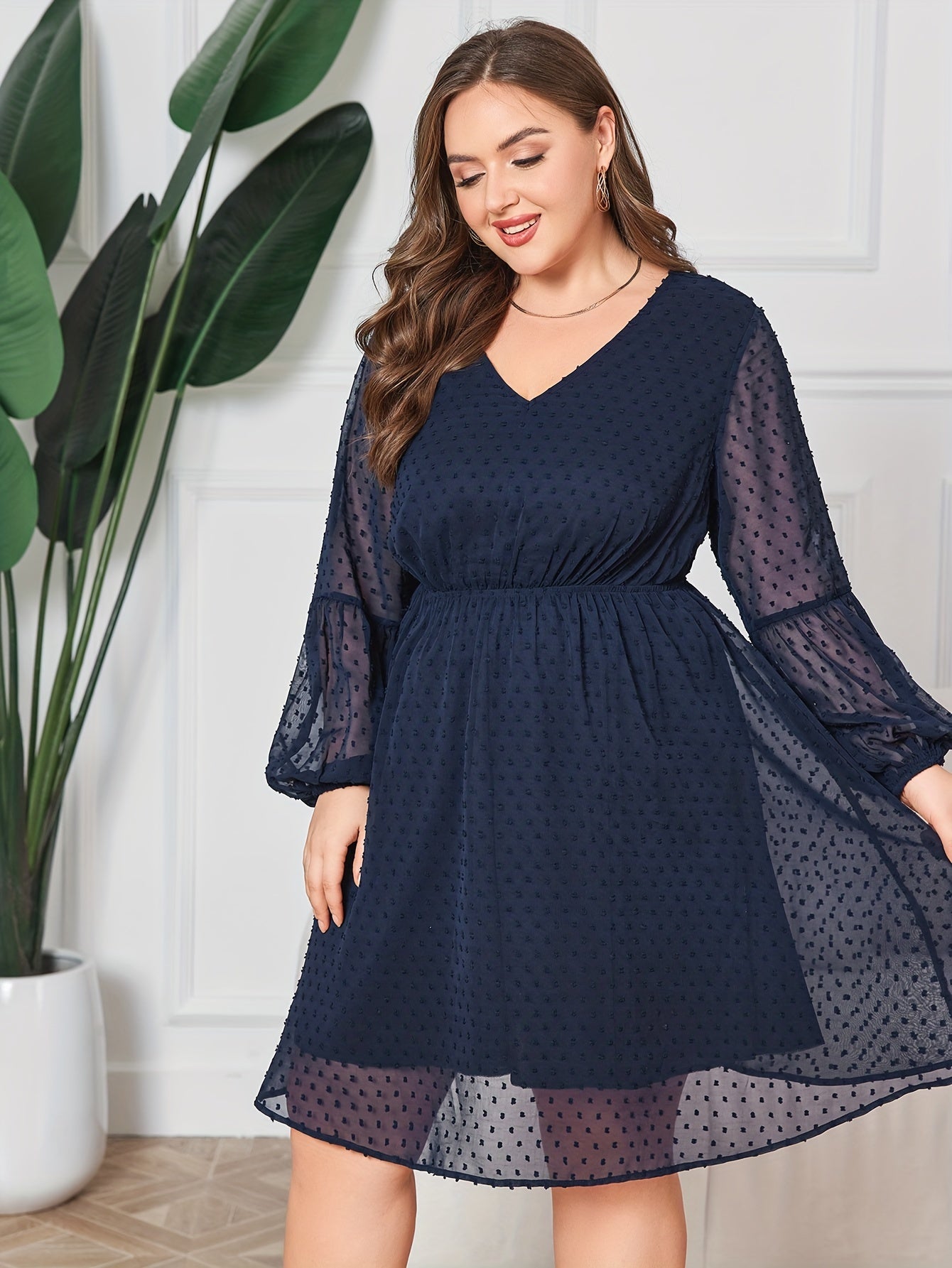  Solid Flocked Dot Lantern Sleeve V Neck Layered Dress