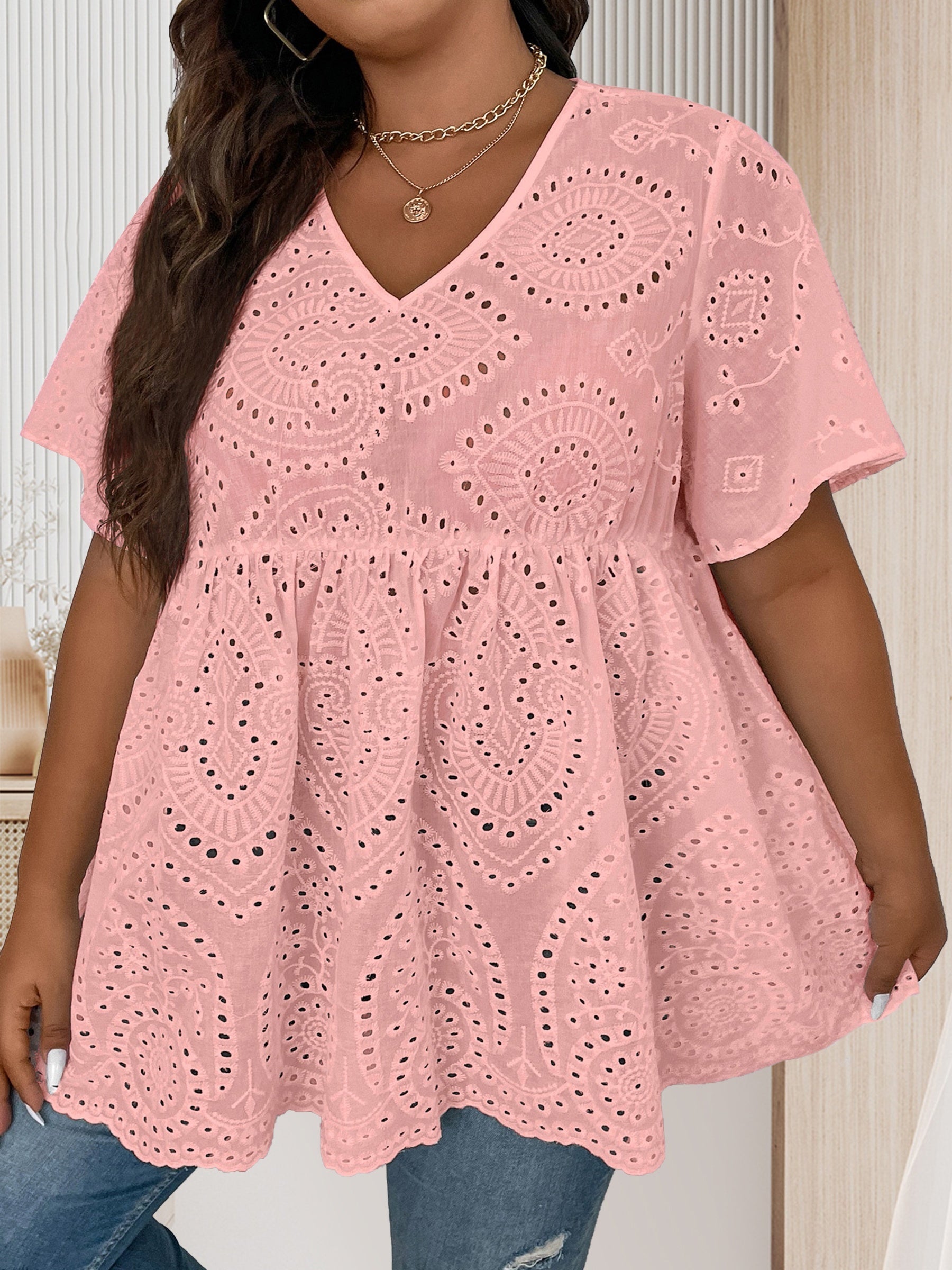  Eyelet Embroidered V Neck Top