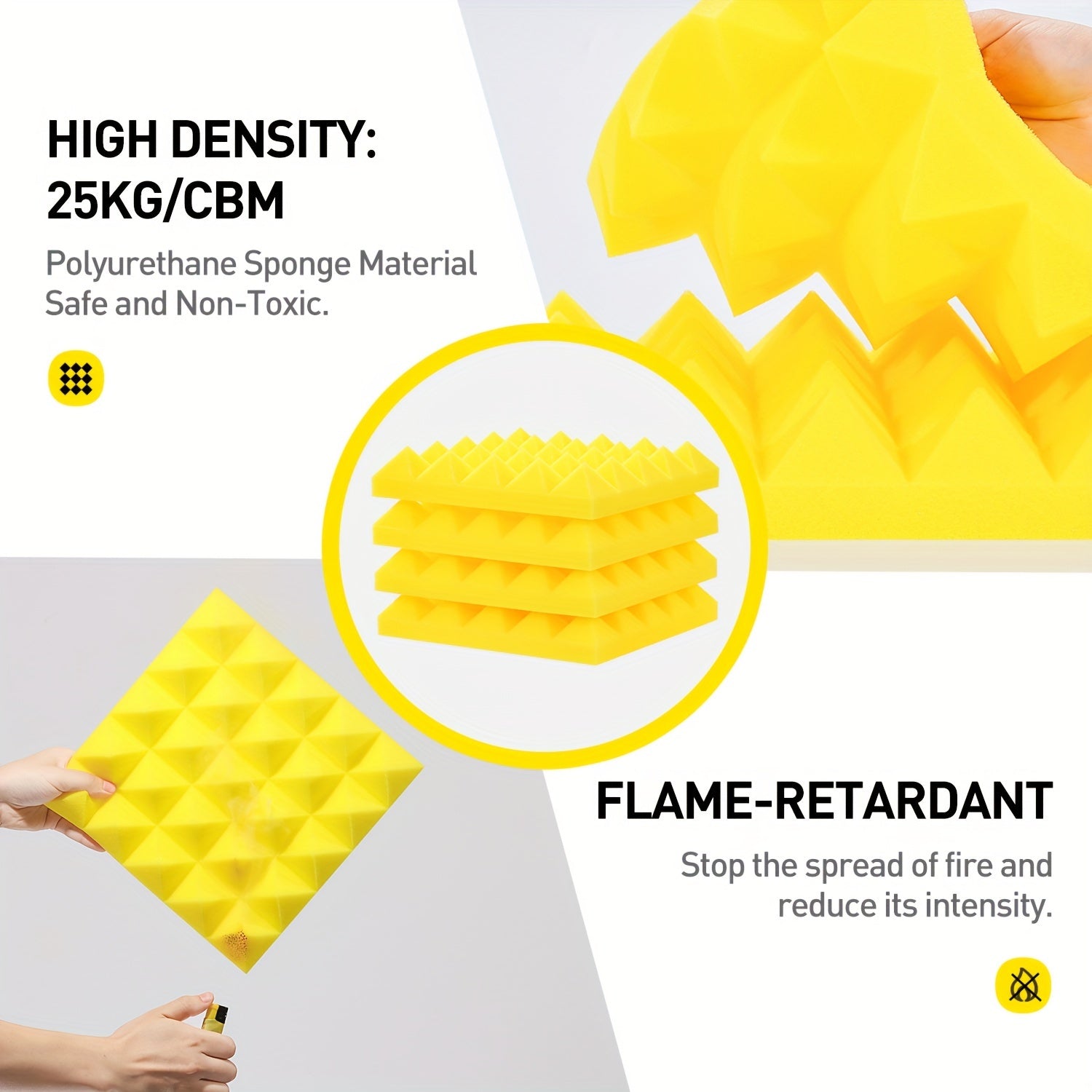 12pcs Yellow Sound Absorbing Cotton High Density Pyramid Insulation Fireproof
