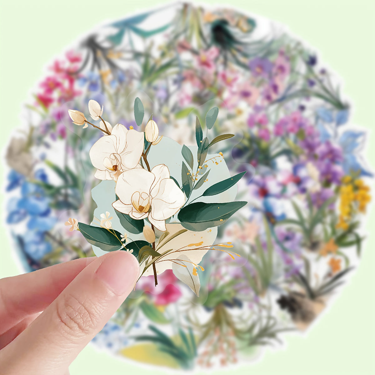50pcs Reusable Orchid Doodle Stickers Mixed Colors Floral Designs Artistic Gift