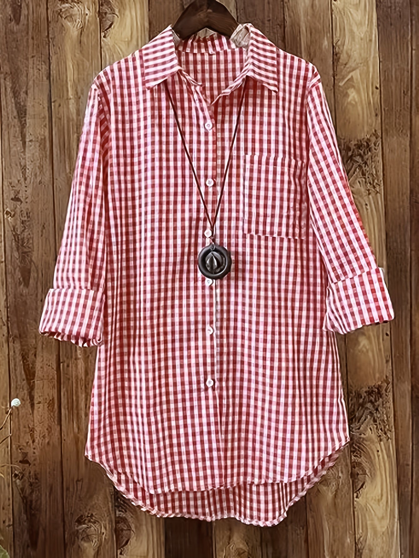  Gingham Print Button Up Long Sleeve Blouse