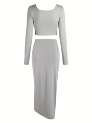  Solid Crop Top & Draped Front Skirt Outfit Set