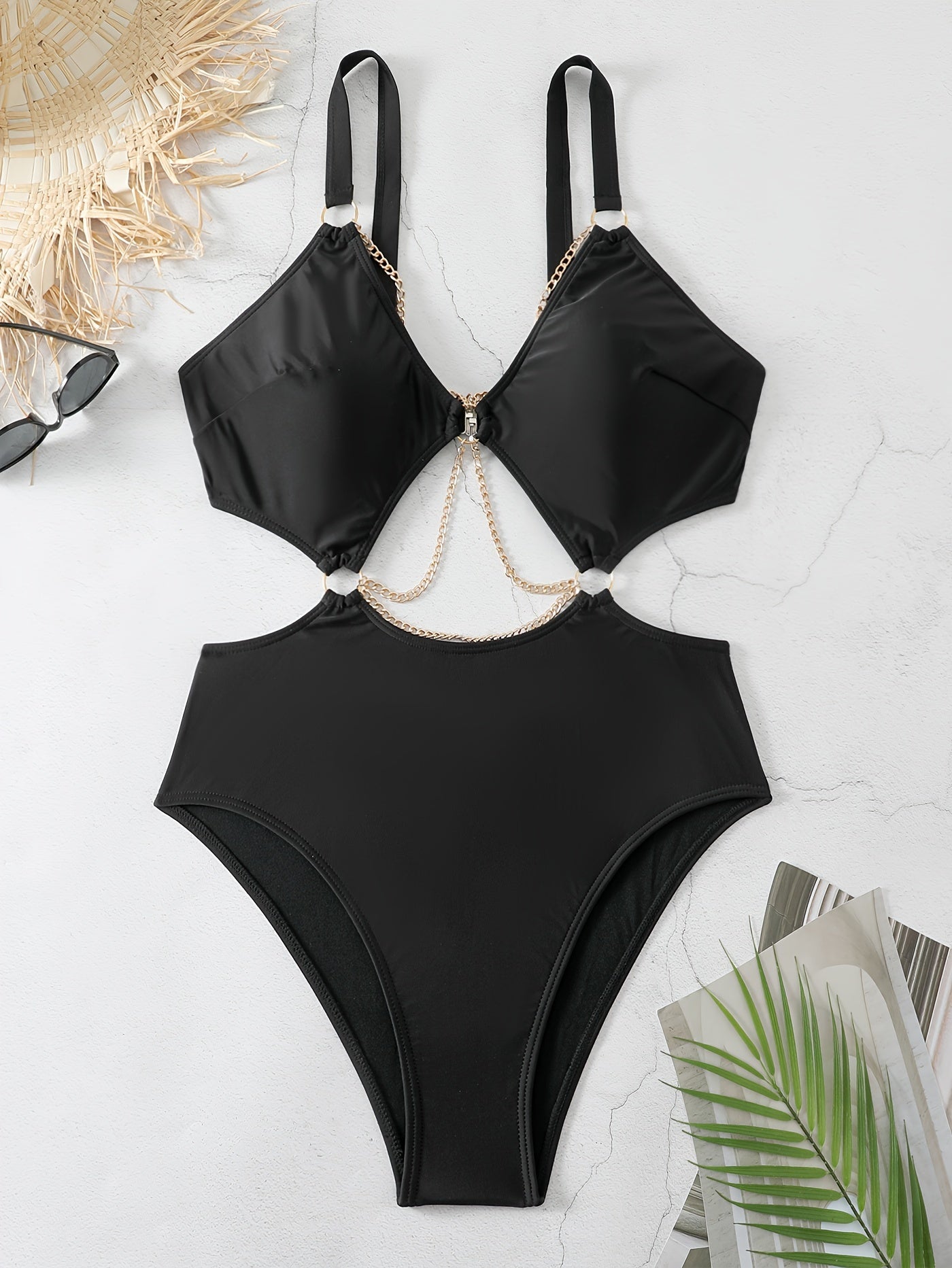  Sexy Swimsuit Solid Chain One Piece Bathing Suit