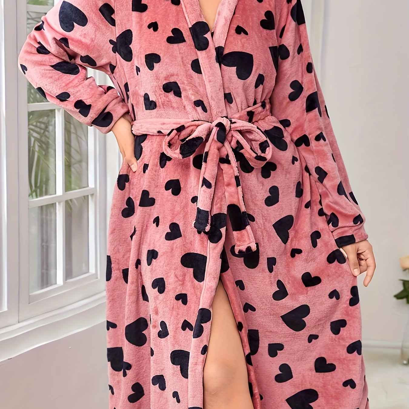  Heart Pattern Long Sleeve Flannel Robe
