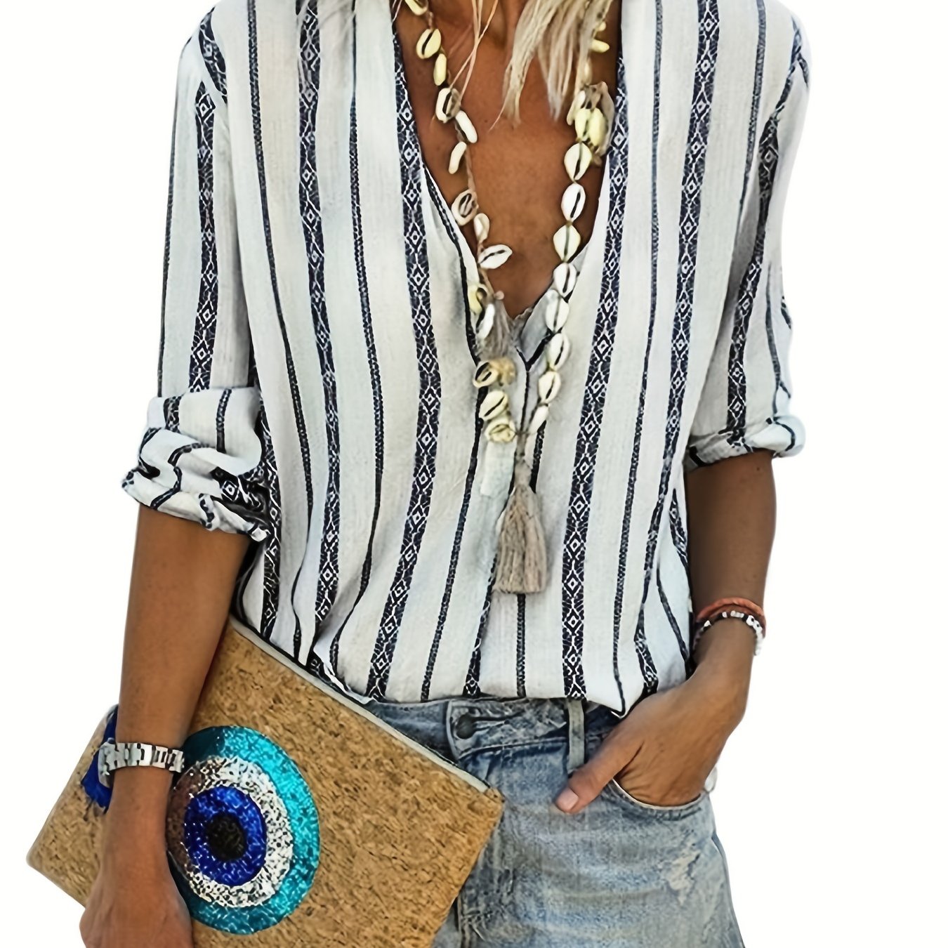  Boho Blouse Women's Geo Print Long Sleeve Notched Neck Button Up