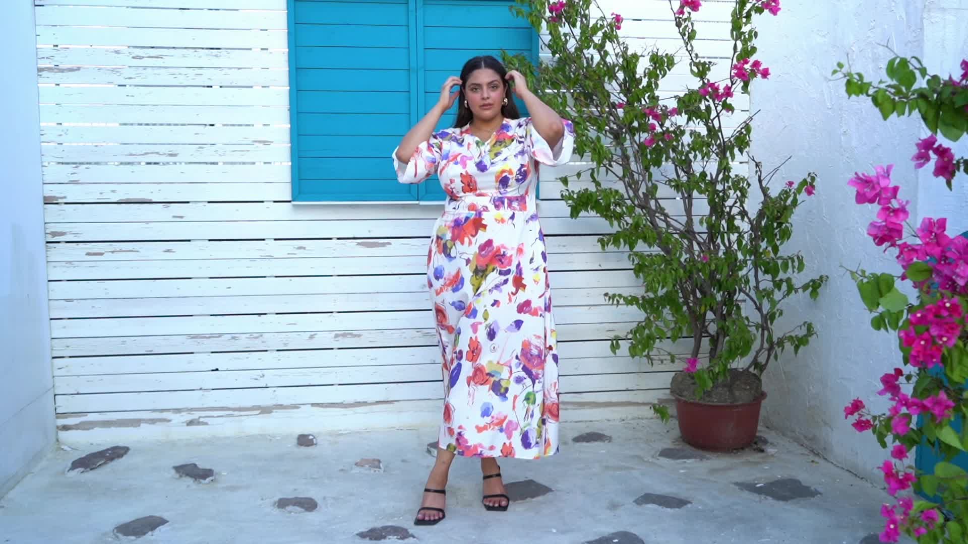  Casual Allover Print Bell Sleeve Maxi Dress With Pockets