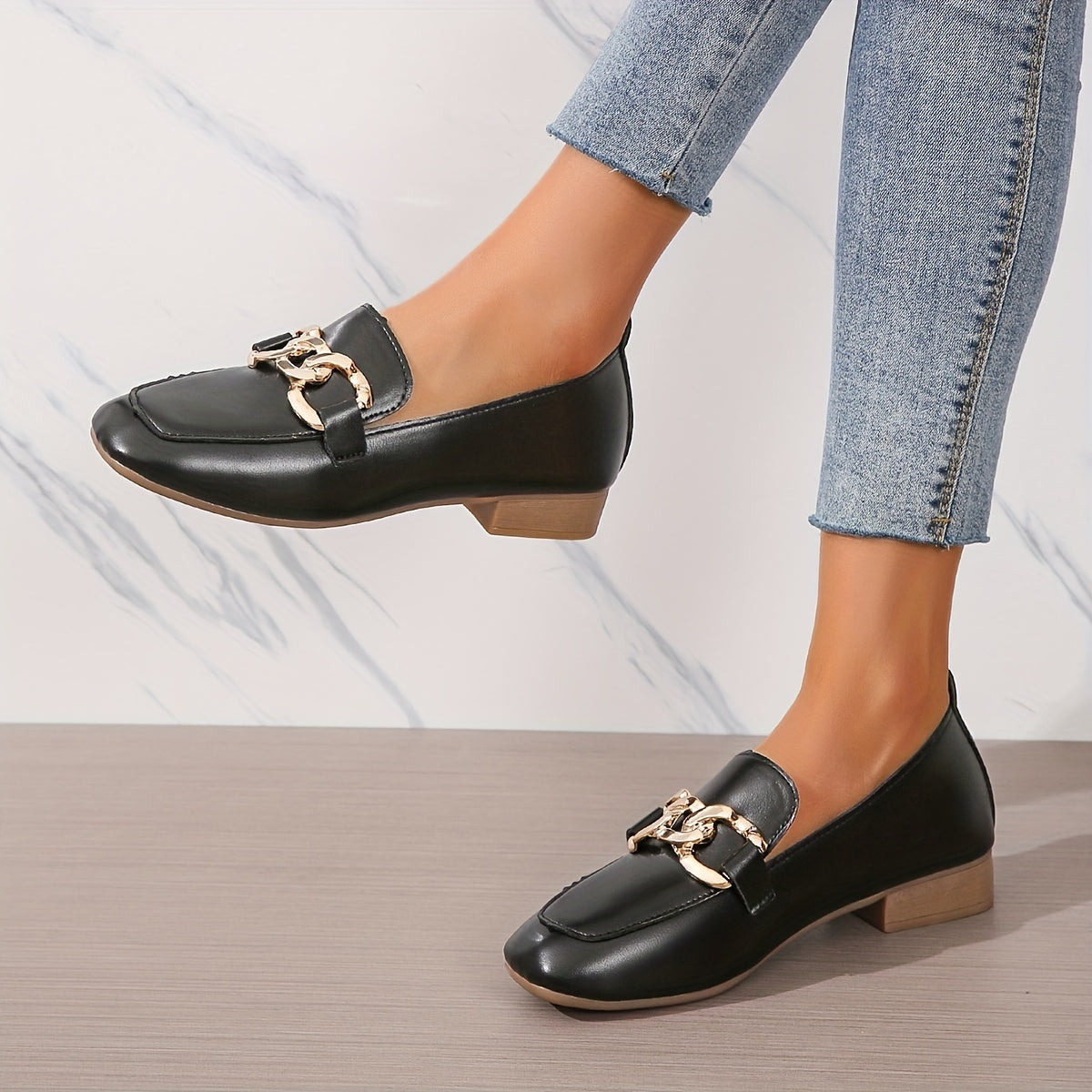 Square Toe Loafers with Metallic Buckle Decor Slip On Flats