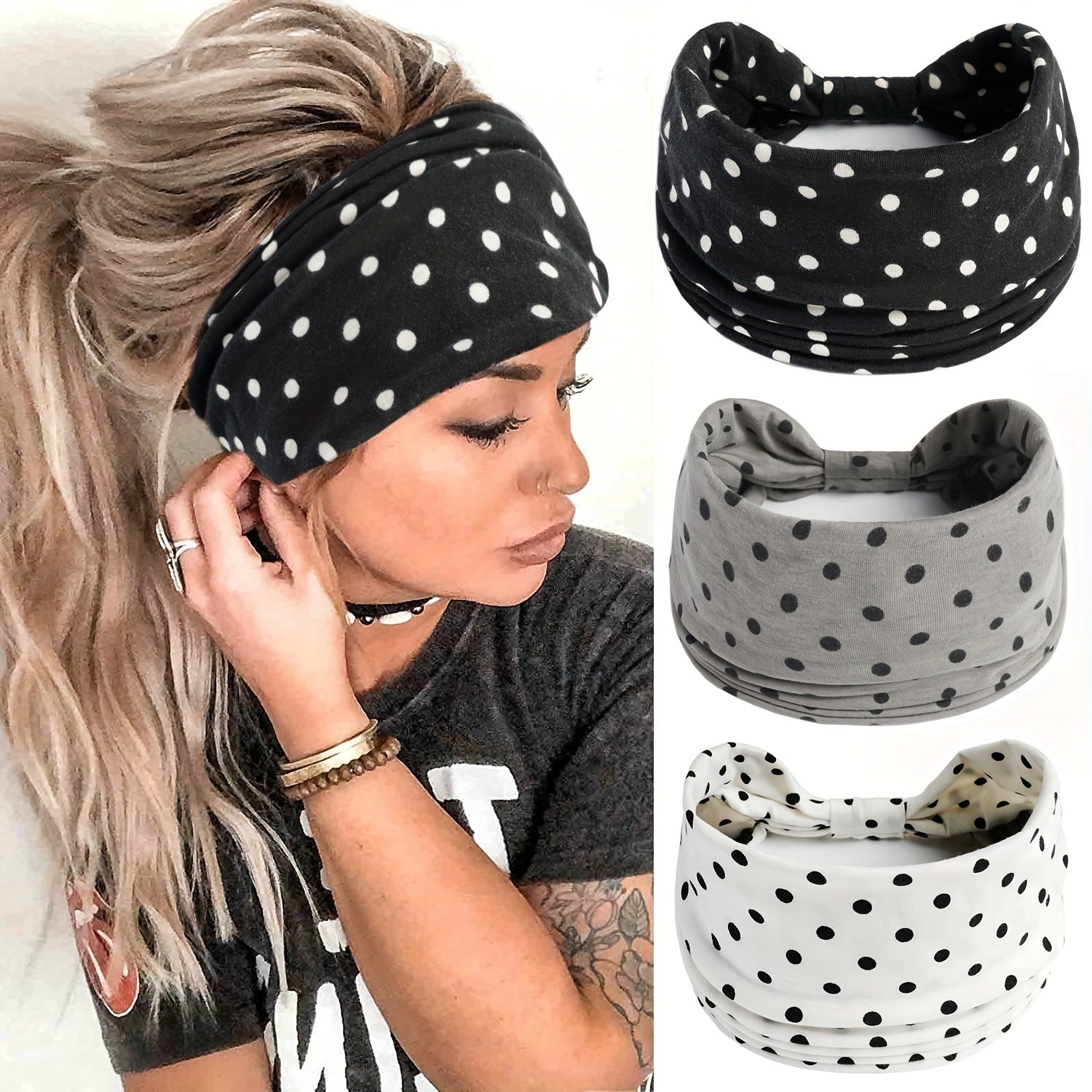 Polka Dot Wide Brim Headband Elastic Hairband Bundle