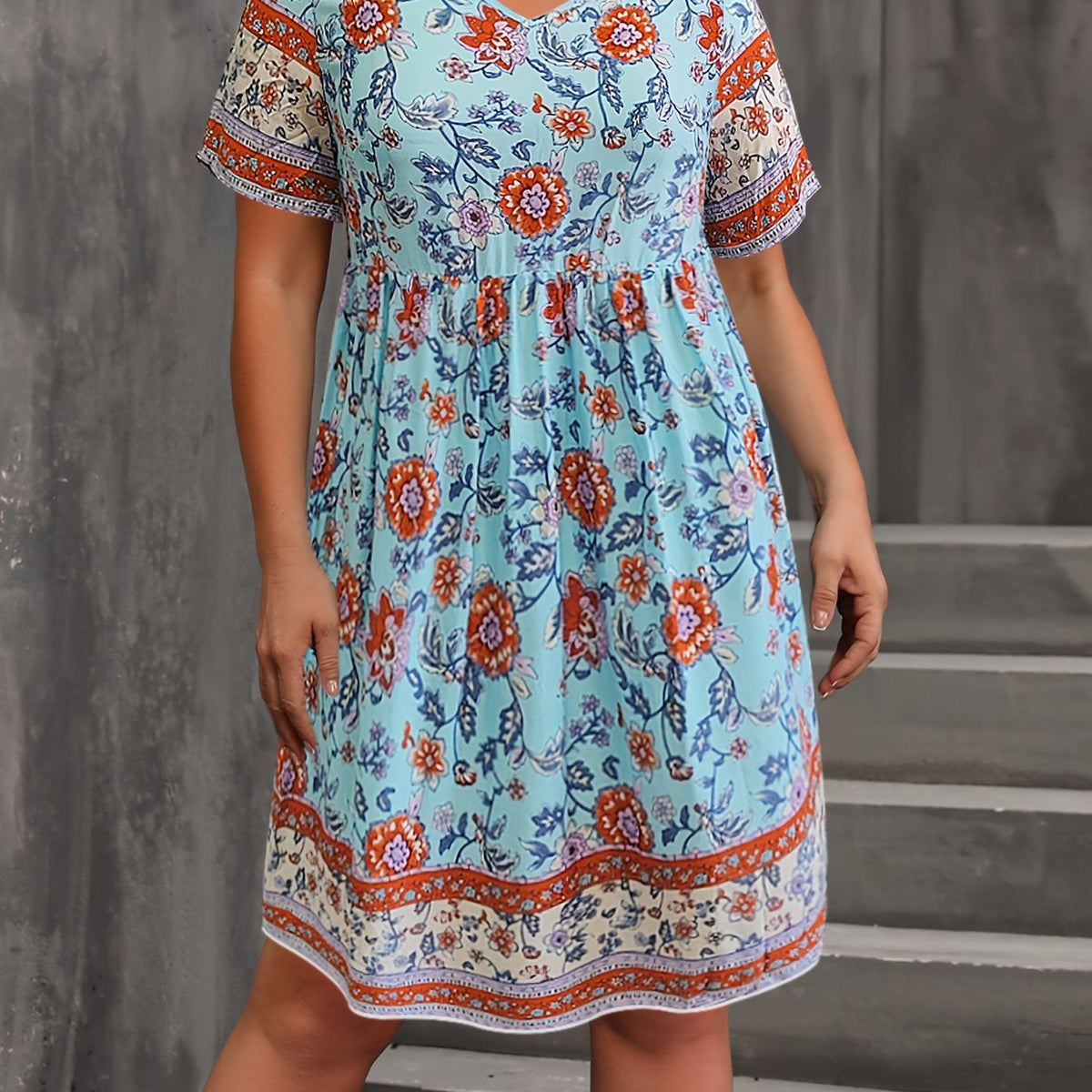  Boho Dress Women's Plus Colorblock Floral Print Dress