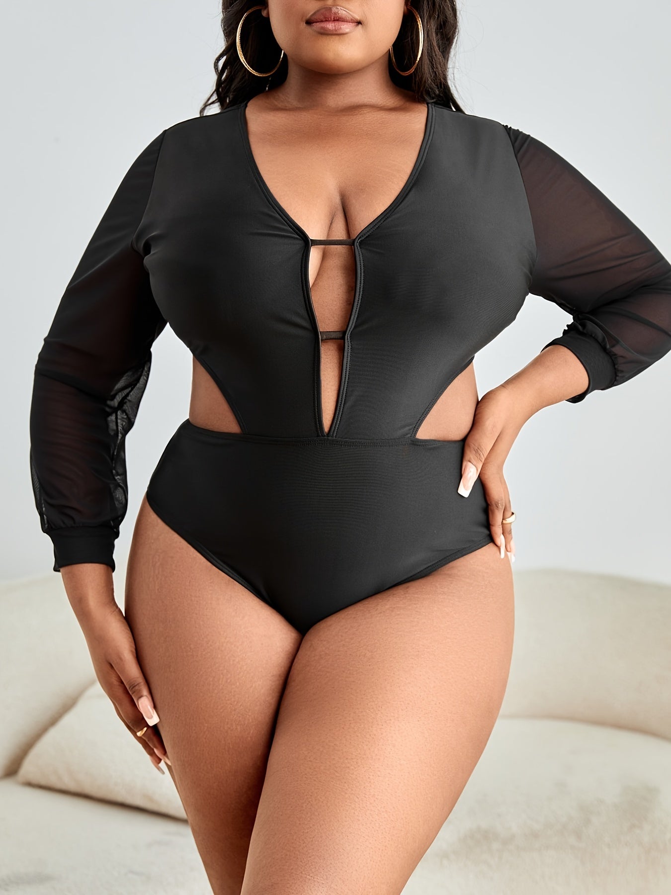  Sexy One Piece Swimsuit Women's Plus Contrast Mesh Cut Out