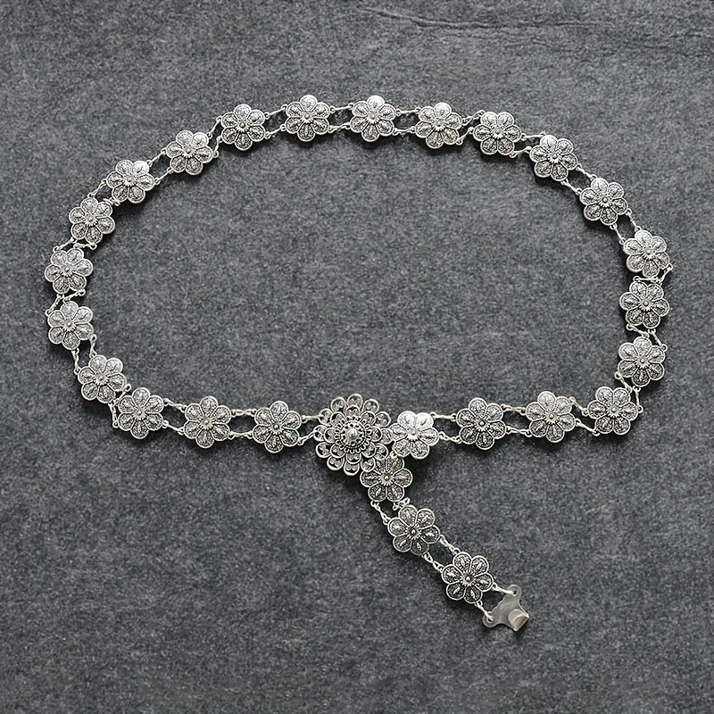 Boho Flower Hollow Out Belt Silvery Metal Waist Chain Dress Girdle