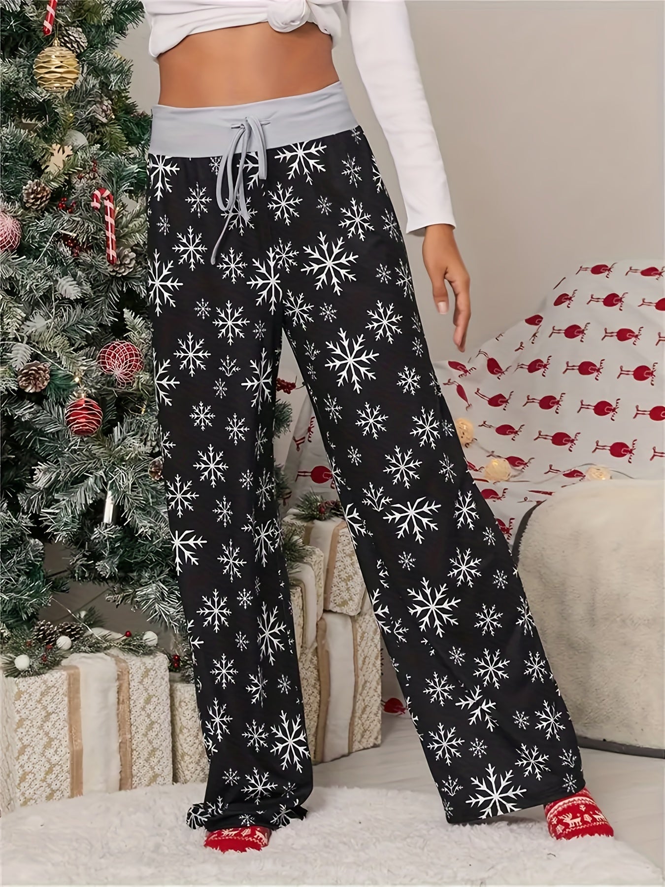  Christmas Casual Pants Women's Plus Snowflake Print