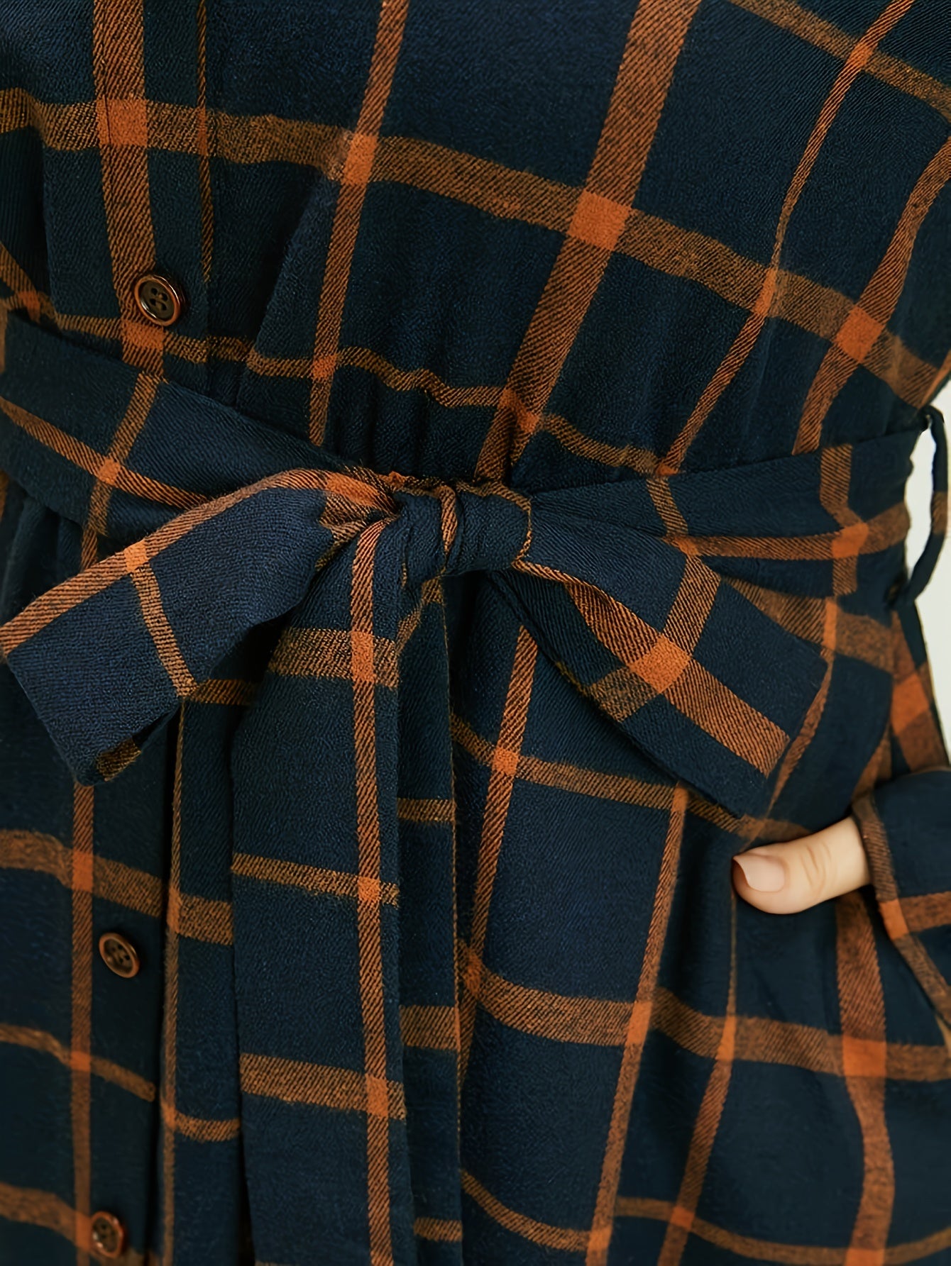  Plaid Print Button Up Long Sleeve Dress With Belt