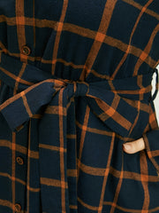  Plaid Print Button Up Long Sleeve Dress With Belt