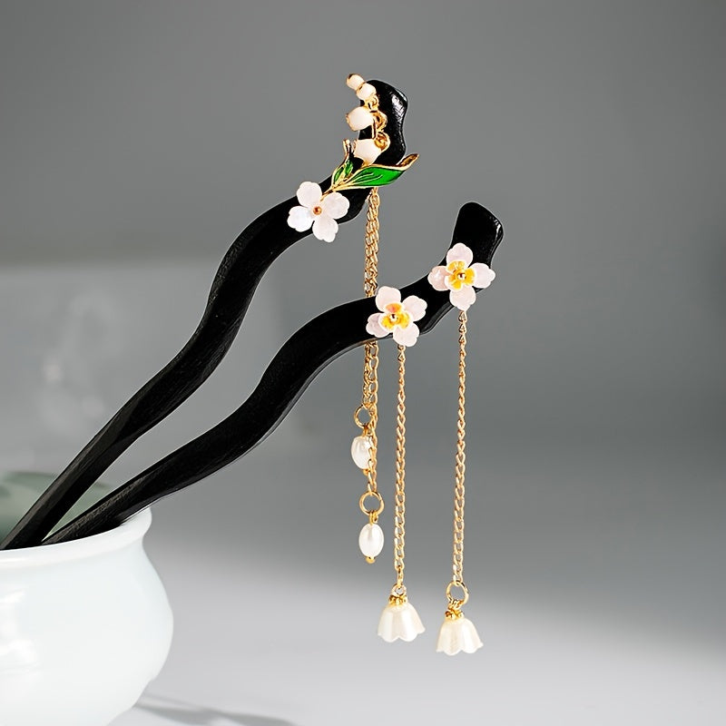 Vintage Chinese Style Hanfu Hairpin Lily Flower Tassel Wooden Hair Pin