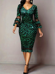  Braque Print Contrast Mesh Trumpet Sleeve Party Dress