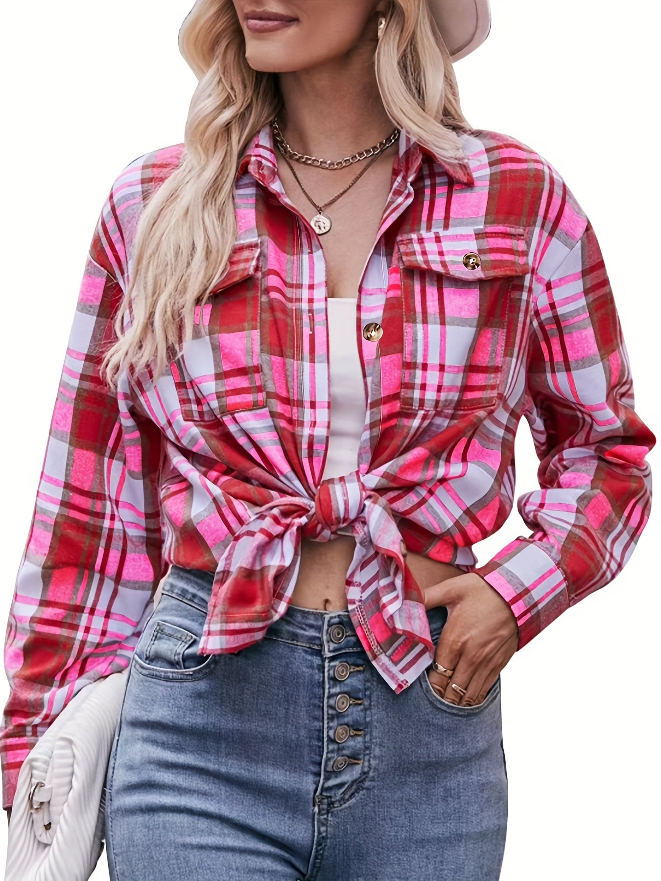  Plaid Print Long Sleeve Button Up Blouse