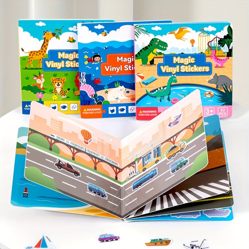 Kids Magic Vinyl Sticker Book Reusable Quiet Busy Paste Portable Sticker Toys