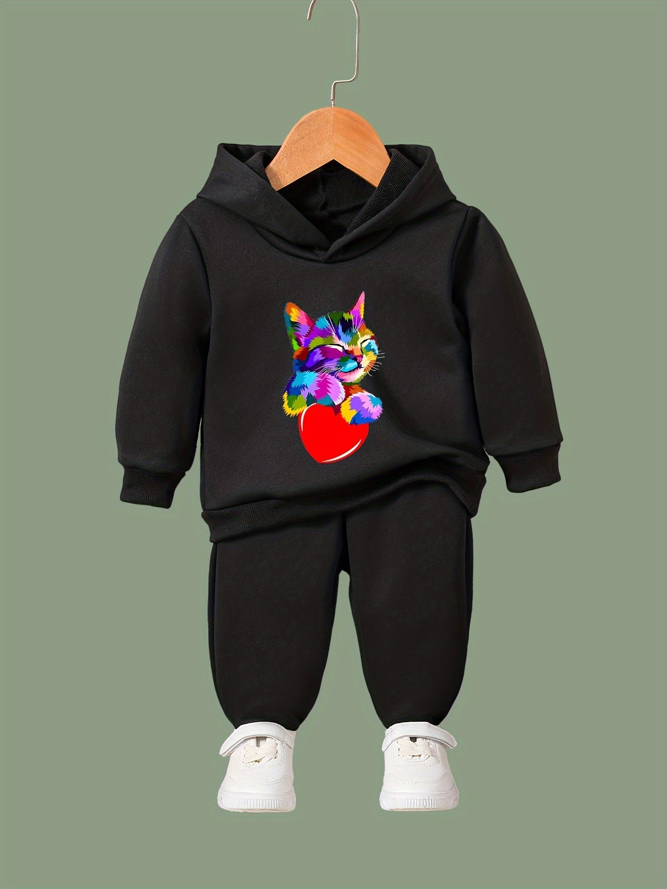 Girls 2pcs Cat Pattern Hooded Sweatshirt & Sweatpants Set