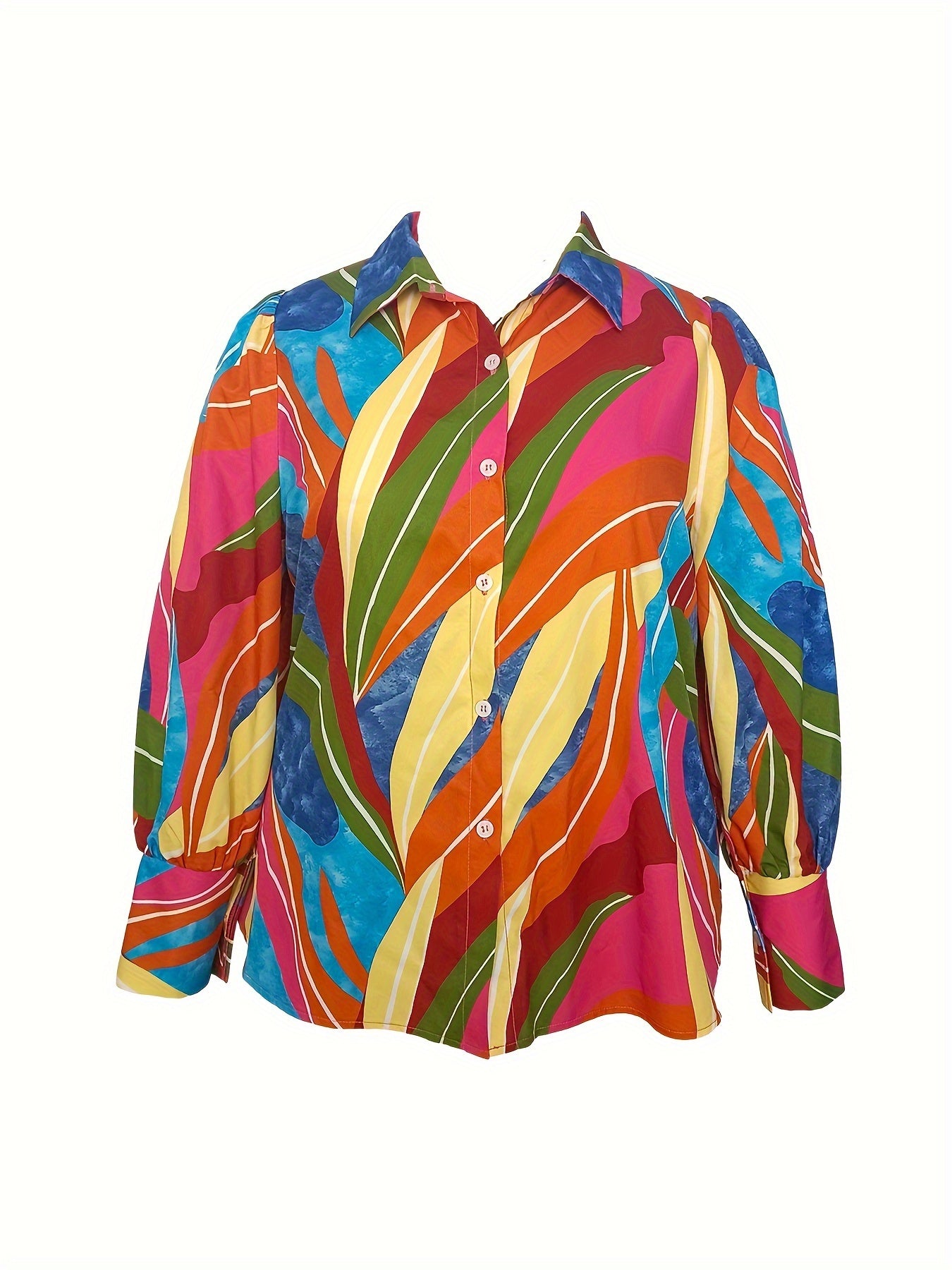  Leaf Print Button Up Lantern Sleeve Blouse