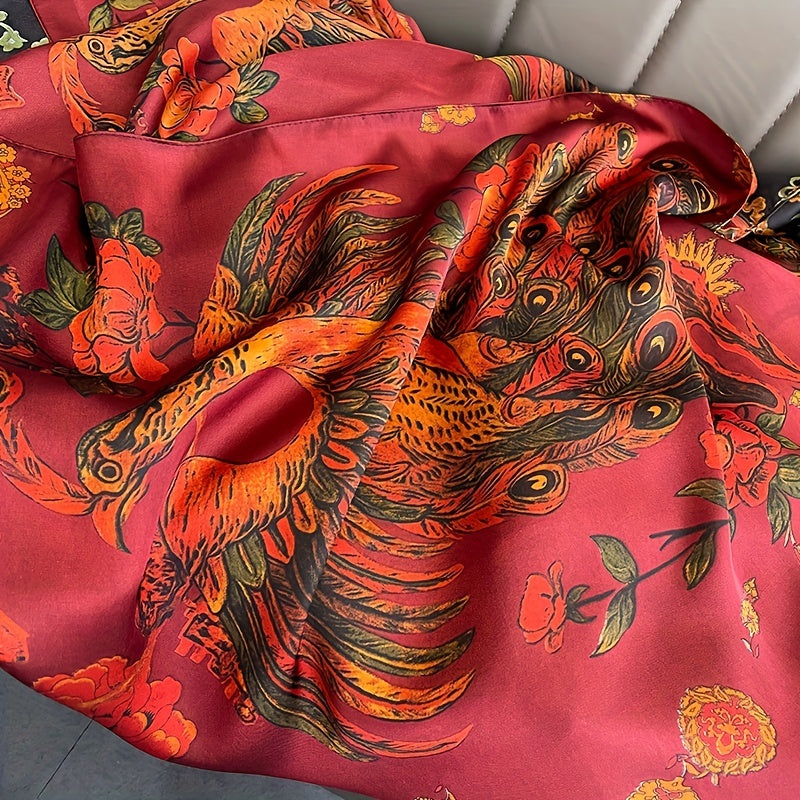 Red Peacock Print Silk Long Scarf Vintage Large Shawl