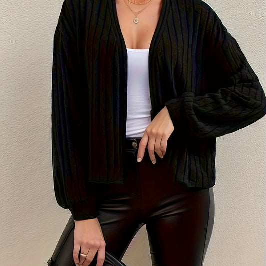  Solid Long Sleeve Open Front Ribbed Knit Cardigan