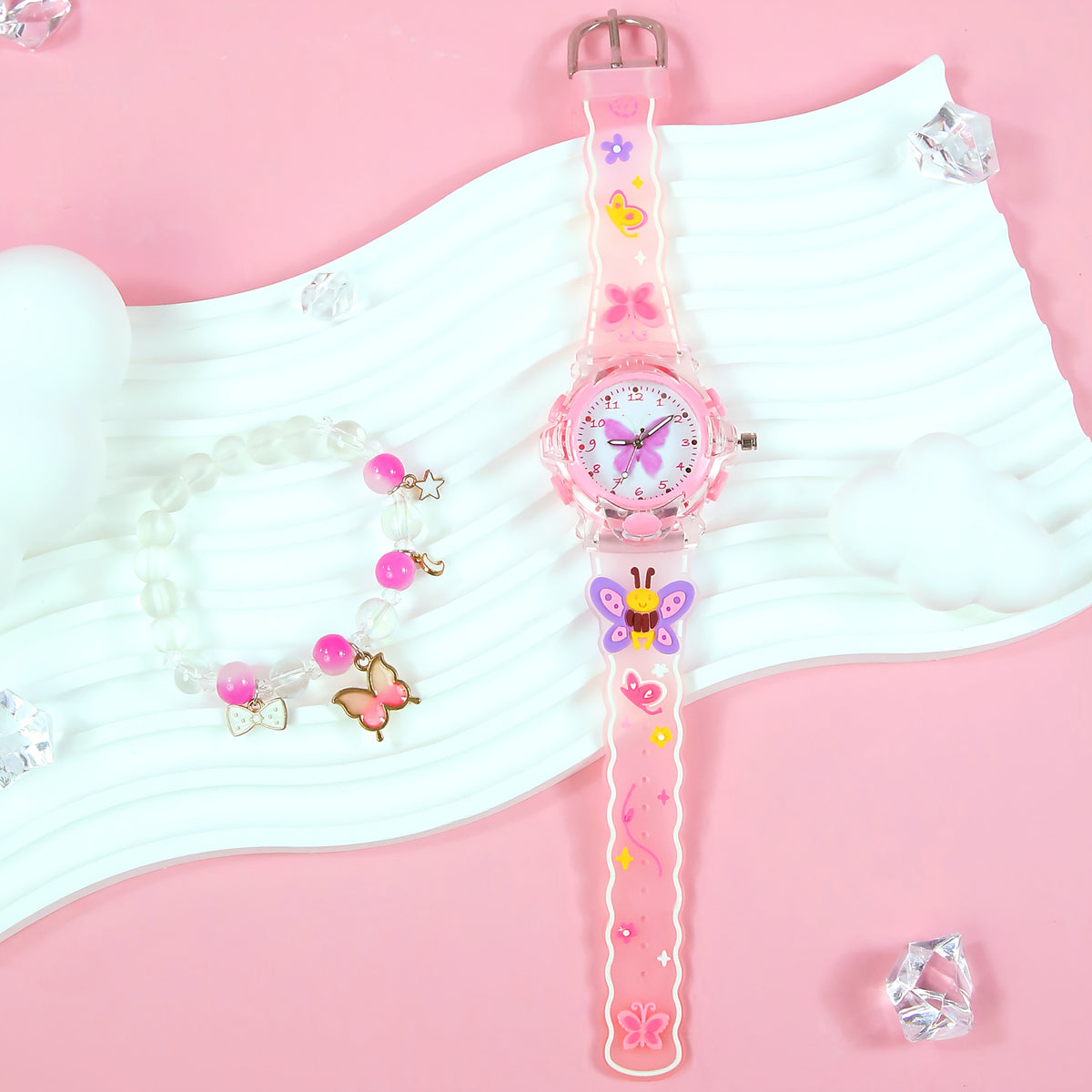 2pcs Girls' Quartz Watch Set with Butterfly Silicone Strap & LED Light