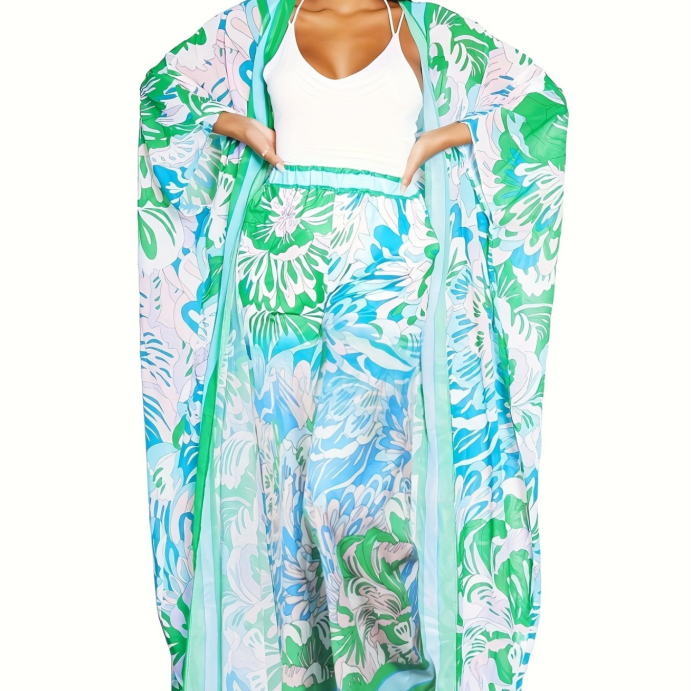  Boho Batwing Sleeve Cover Up & Pants Two Piece Set