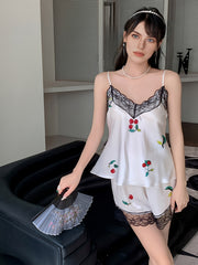 Cherry Print Lounge Set V Neck Cami Top & Lace Trim Shorts Women's Loungewear