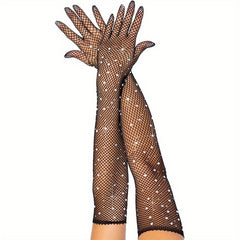 Rhinestone Fishnet Long Gloves for Women