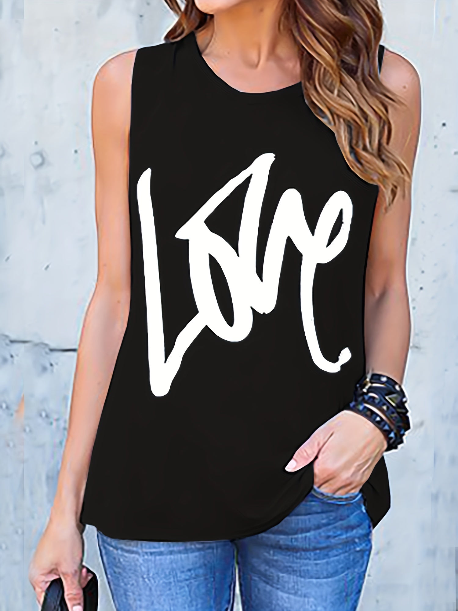 Letter Print Crew Neck Tank Top Sleeveless Summer Casual Women's Clothing