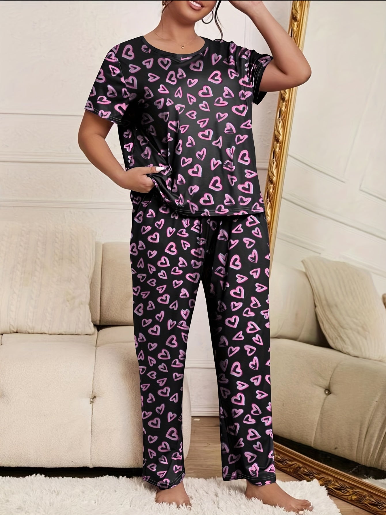  Heart Print Pajama Set Short Sleeve Top & Pants Two Piece