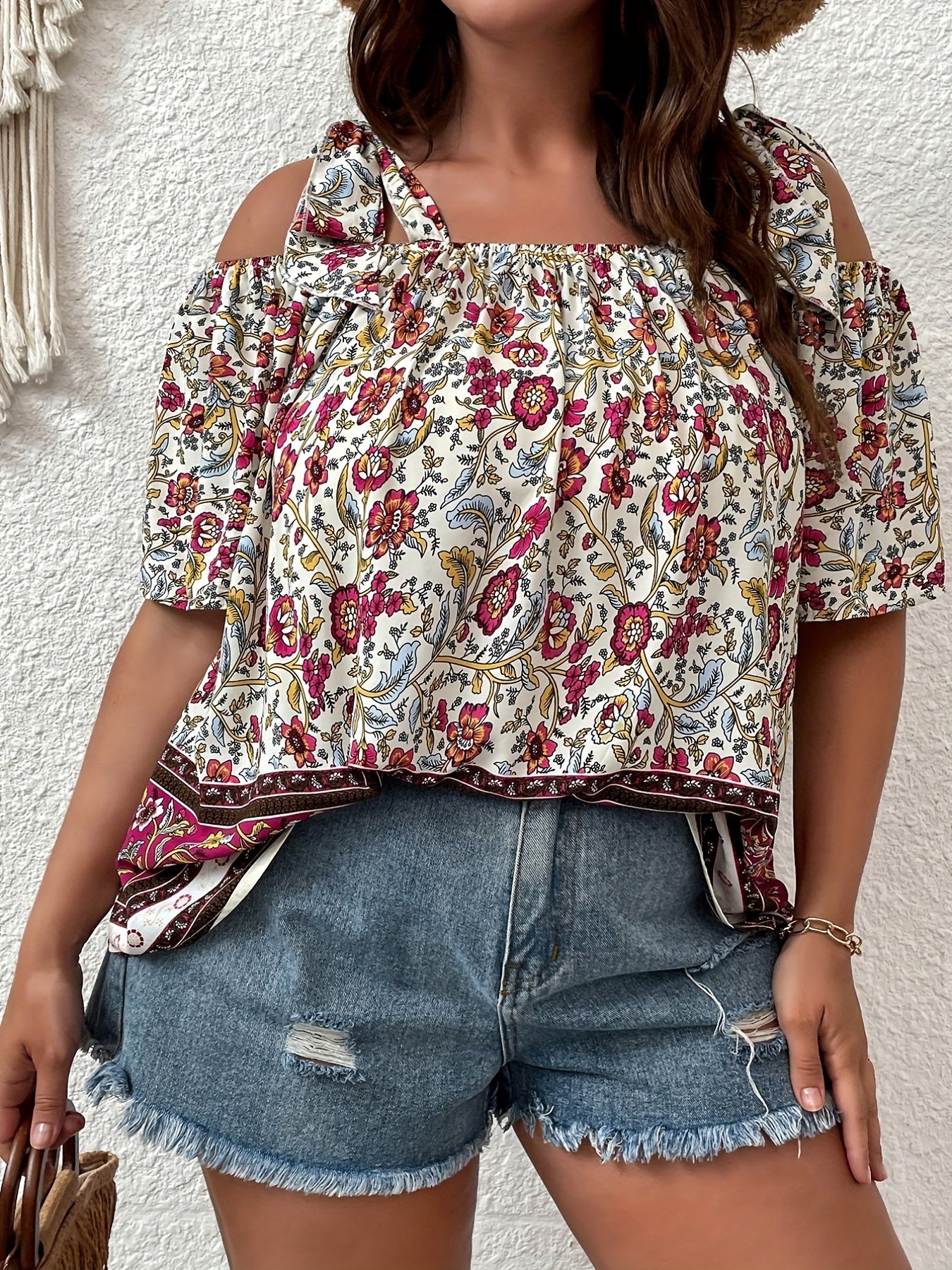  Boho Blouse Women's Plus Colorblock Floral Print