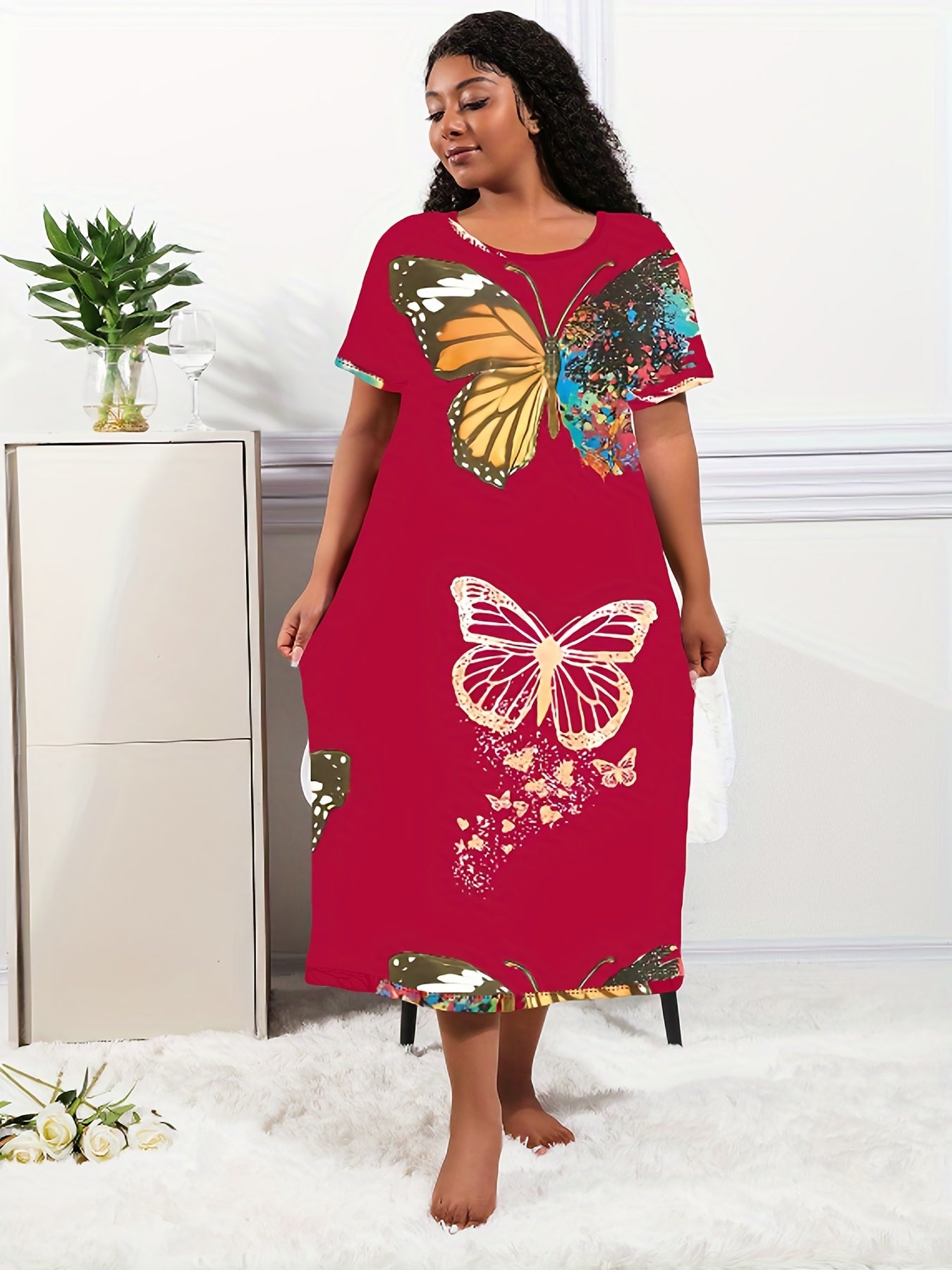  Butterfly Print Short Sleeve Casual Lounge Dress