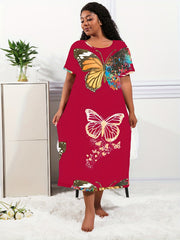  Butterfly Print Short Sleeve Casual Lounge Dress