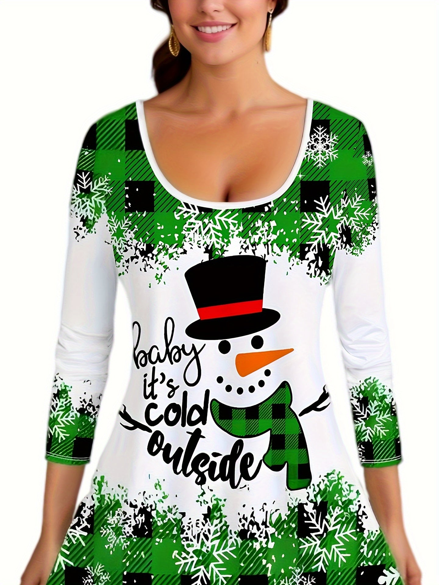 Women's Plus Size Christmas Outfit Set - Gingham & Snowman Print Top