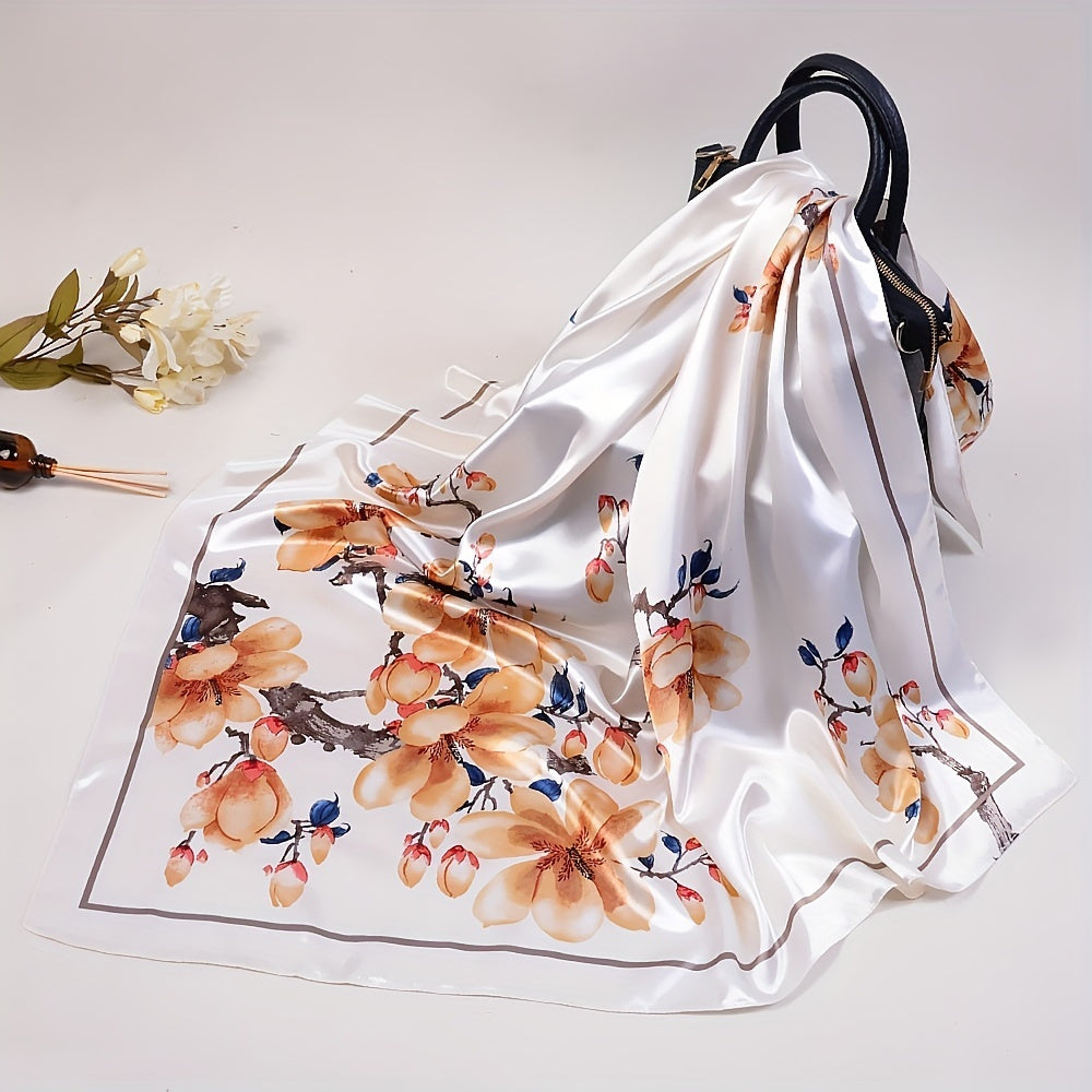 Peach Blossom Print Silk Bandana Satin Scarf for Women
