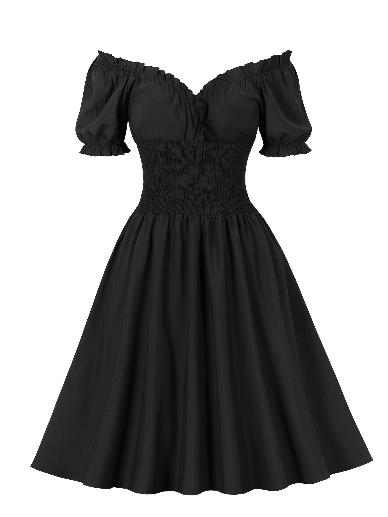  Retro Dress Off Shoulder Puff Sleeve V Neck Swing A line Dress