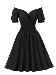  Retro Dress Off Shoulder Puff Sleeve V Neck Swing A line Dress