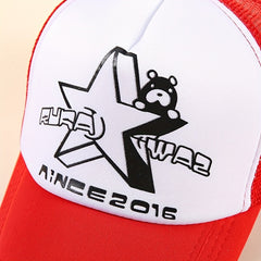 Cartoon Bear Print Trucker Hat Anime Mesh Baseball Cap Red