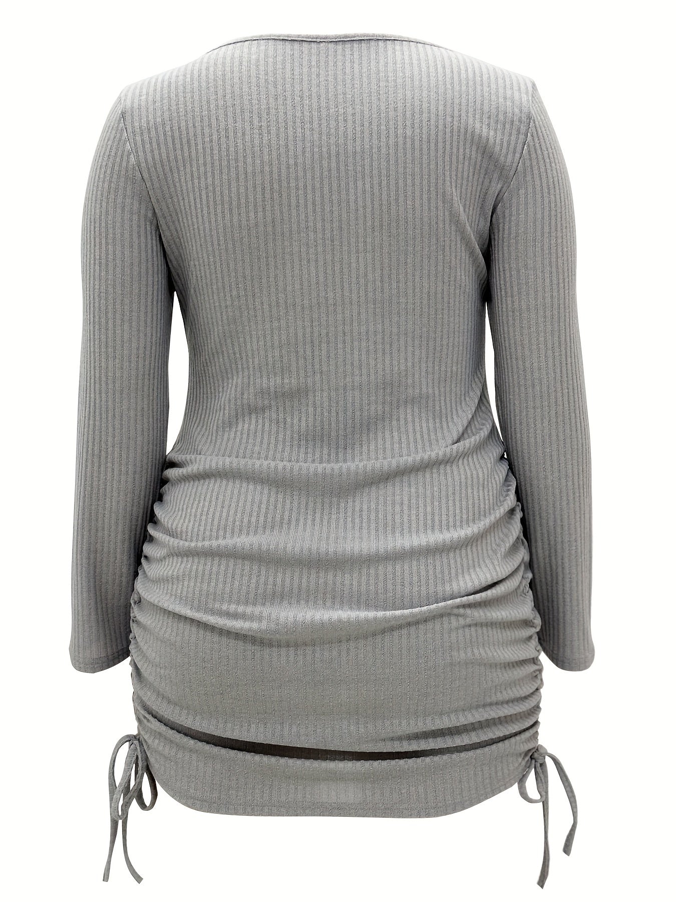  Ribbed Long Sleeve V Neck Drawstring Ruched Dress