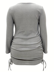  Ribbed Long Sleeve V Neck Drawstring Ruched Dress