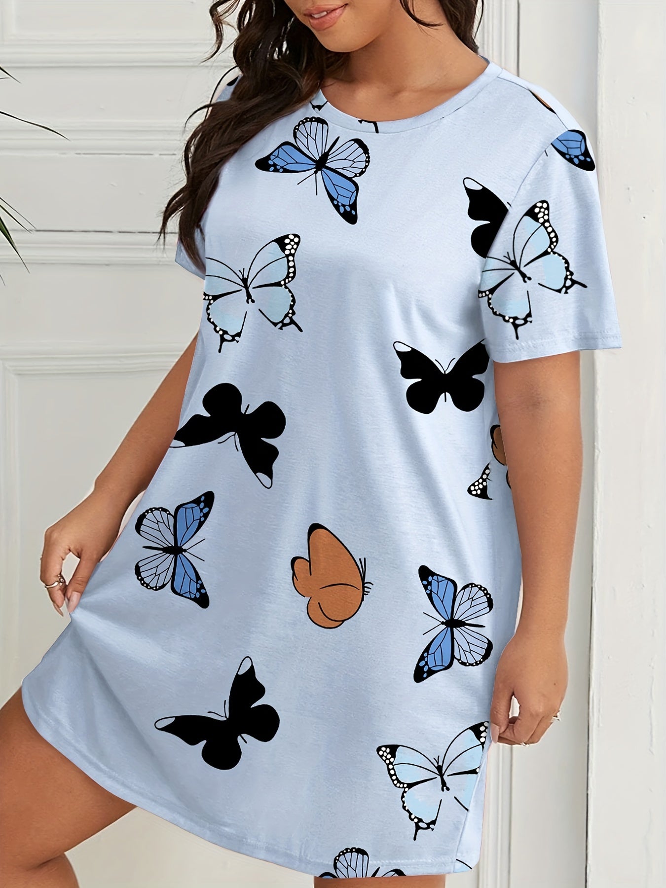  Butterfly Print Nightdress Short Sleeve Round Neck Sleep Dress