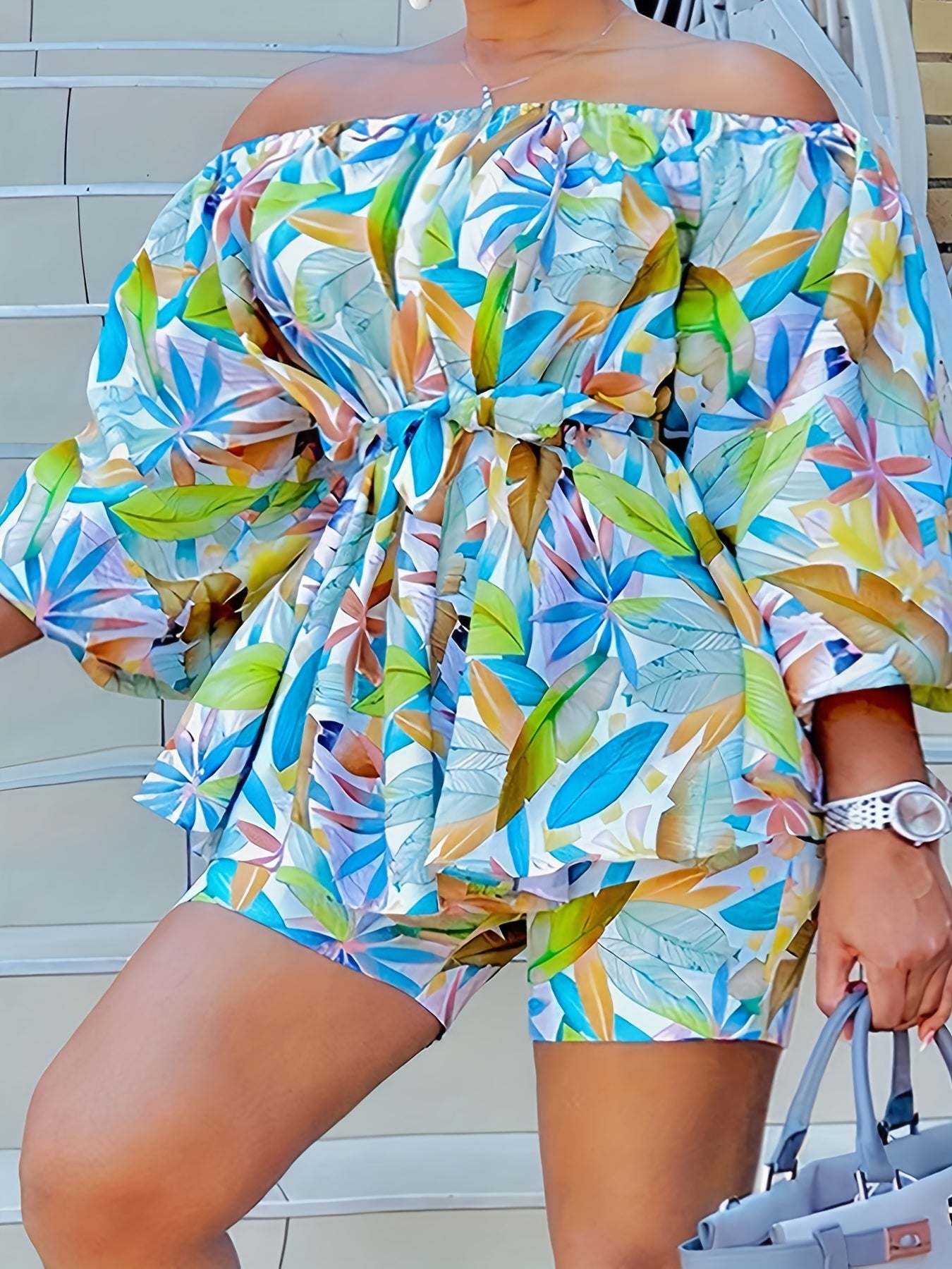  Leaf Print Off Shoulder Top & Shorts Set With Belt