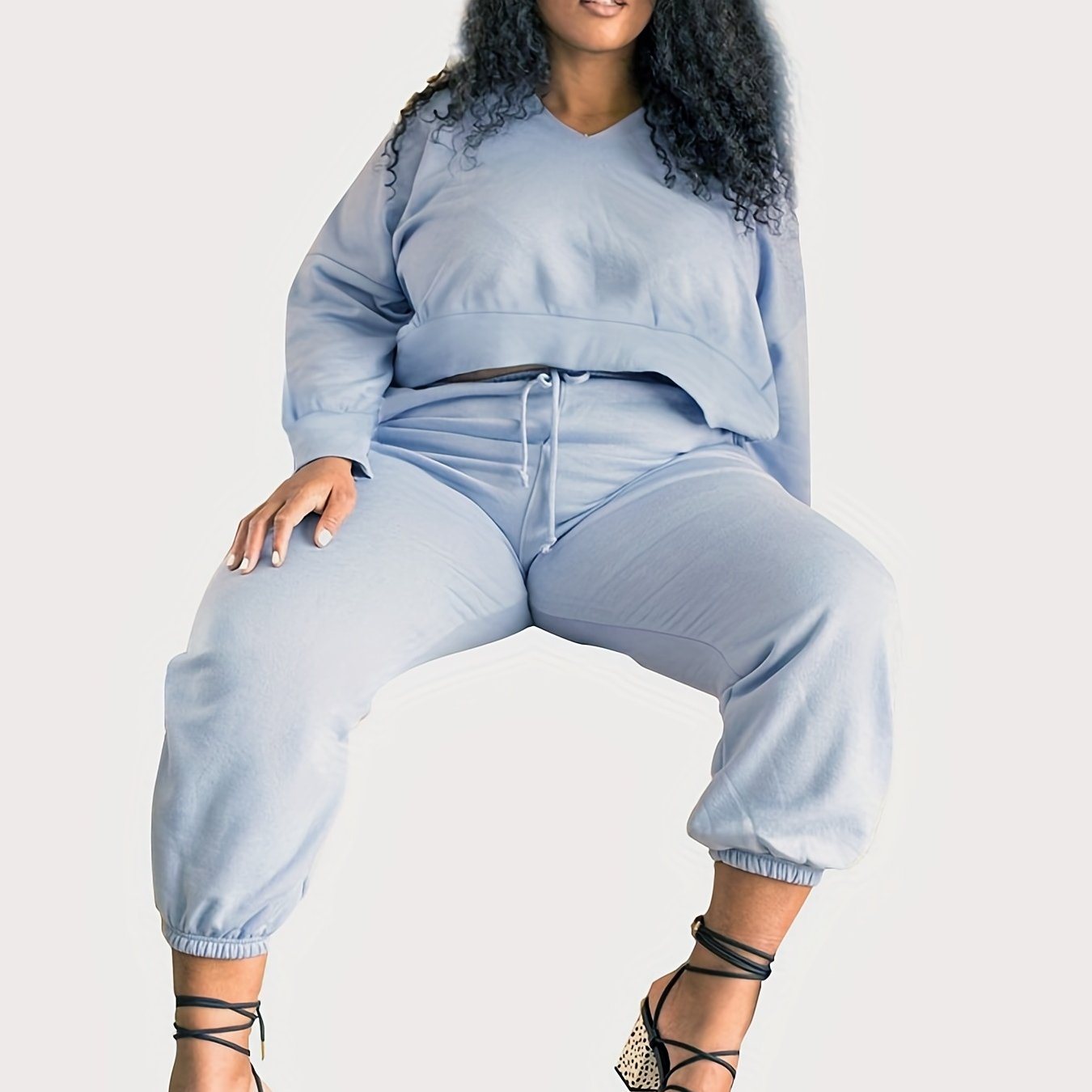  V Neck Pullover Top & Joggers Outfits Set