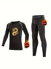 Kids Compression Fleece Sets, Cartoon Pattern, Long Sleeve, Elastic Waist Pants