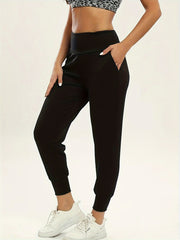 Women's Plus Solid Wideband Waist High Rise Joggers With Pockets